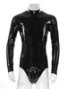 Men Shiny Latex Catsuit Leotard Jumpsuit Slim Fit Long Sleeve Zipper Boxer Bodysuit Leotard Clubwear Pole Dance Rave Costume