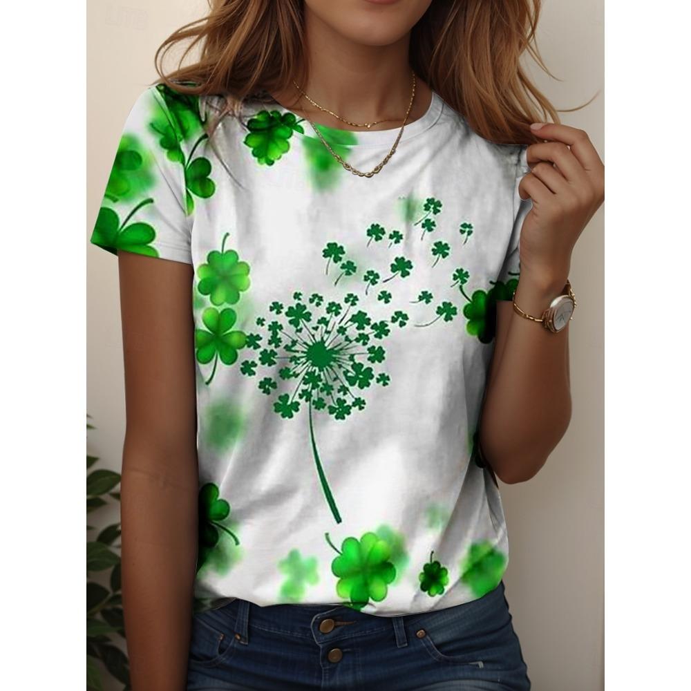 Women's T-shirt Green Lucky Clover 3D Print Crew Neck Outdoor Festival Short Sleeve T Shirts Women  ...
