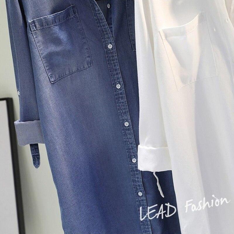 Spring Solid Denim Shirt Dress Casual Tops Fashion Pocket Long Sleeve Shirt For Women Elegant Medium Length Loose Clothes 24120