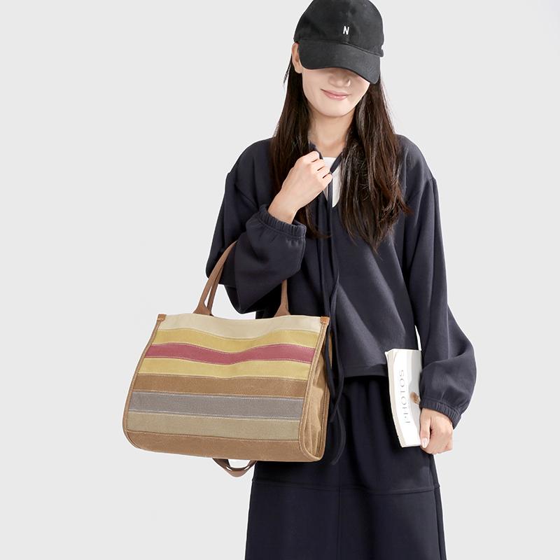 Vintage Striped Canvas Bag Women's Crossbody Bag Patchwork Handbag