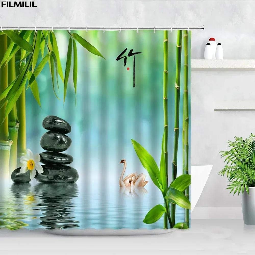 Zen Green Bamboo Shower Curtains Stone Buddha Lotus Candle Asian Japanese Spa Garden Scenery Bath Curtain Fabric Bathroom Decor