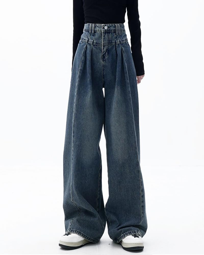 MTUIOY Denim Gaucho Locker Hohe Entspannte Weite Hosen, Damen Jeans, Hosen, Passform, Taille, Einfach, Figurschmeichelnd, Lässig, Stilvoll, Beinverlängernd,