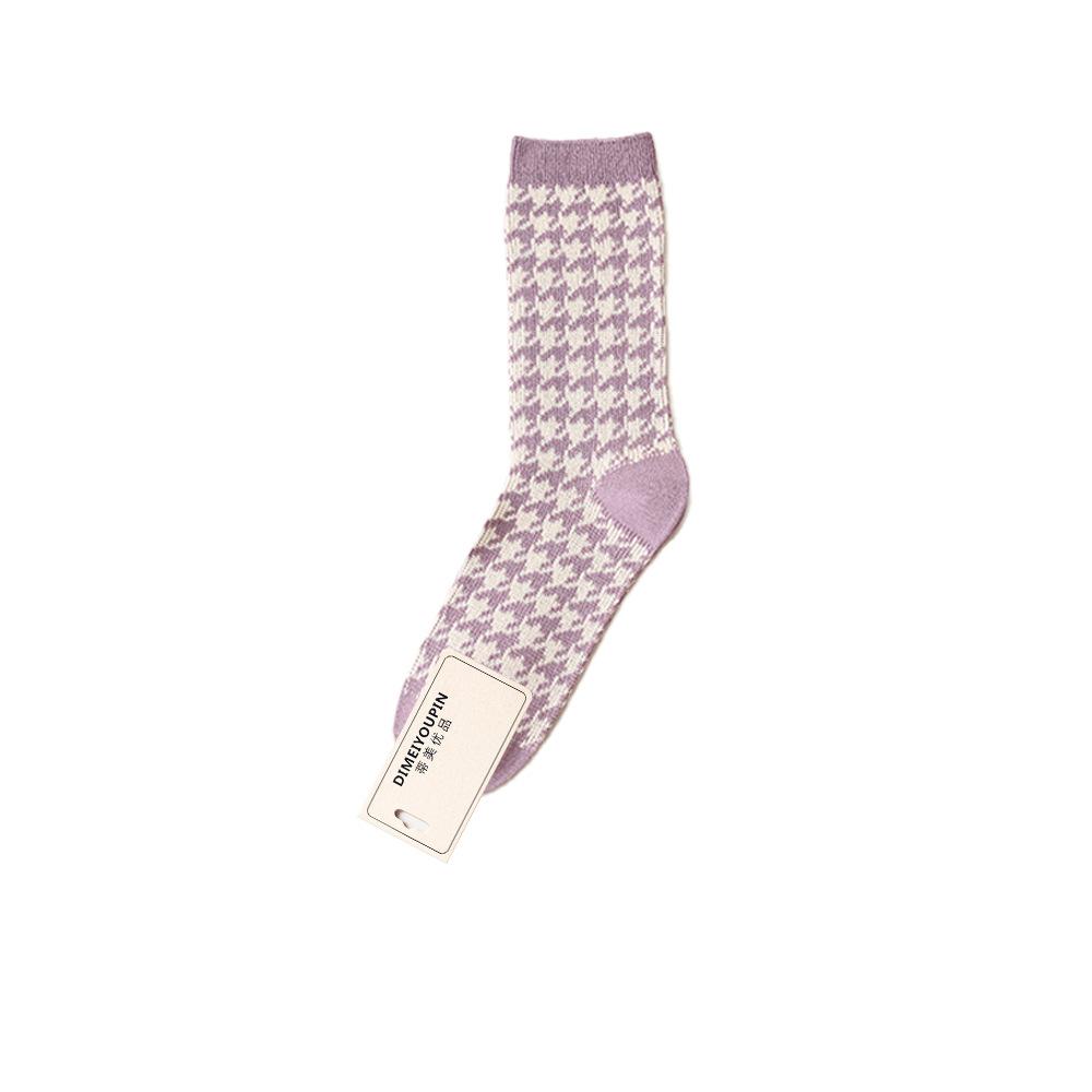 

Женские носки до середины икры для осени и зимы, ретро-цветочные махровые носки, фиолетовые носки 1 pair