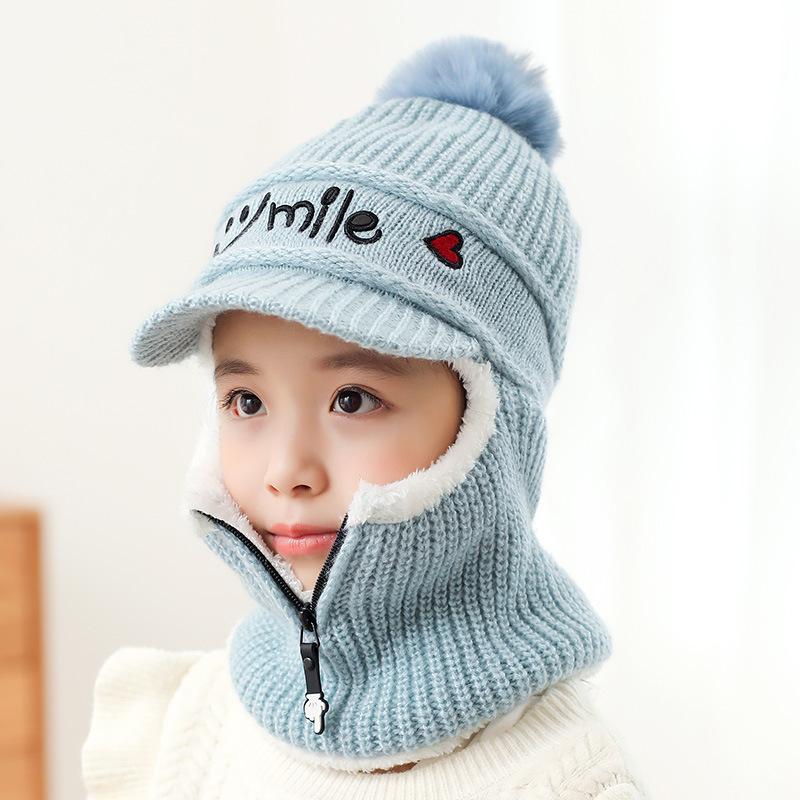 

Зимние детские шапки Вязаная шапка для маленьких девочек Шапка для мальчика Шерстяная шапка Шарф для лица Детская шапка Шапки с ушками милого котика для детей синий