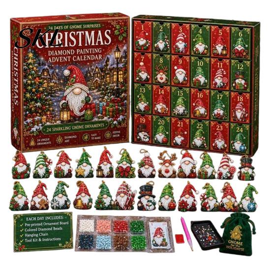 Stress Relieving Art Crafts 24-Day Gnome Advent Calendar, Faux Diamond Ornaments DIY Christmas Gift for Family Kit, Handmade Hanging Tree Wreath Home