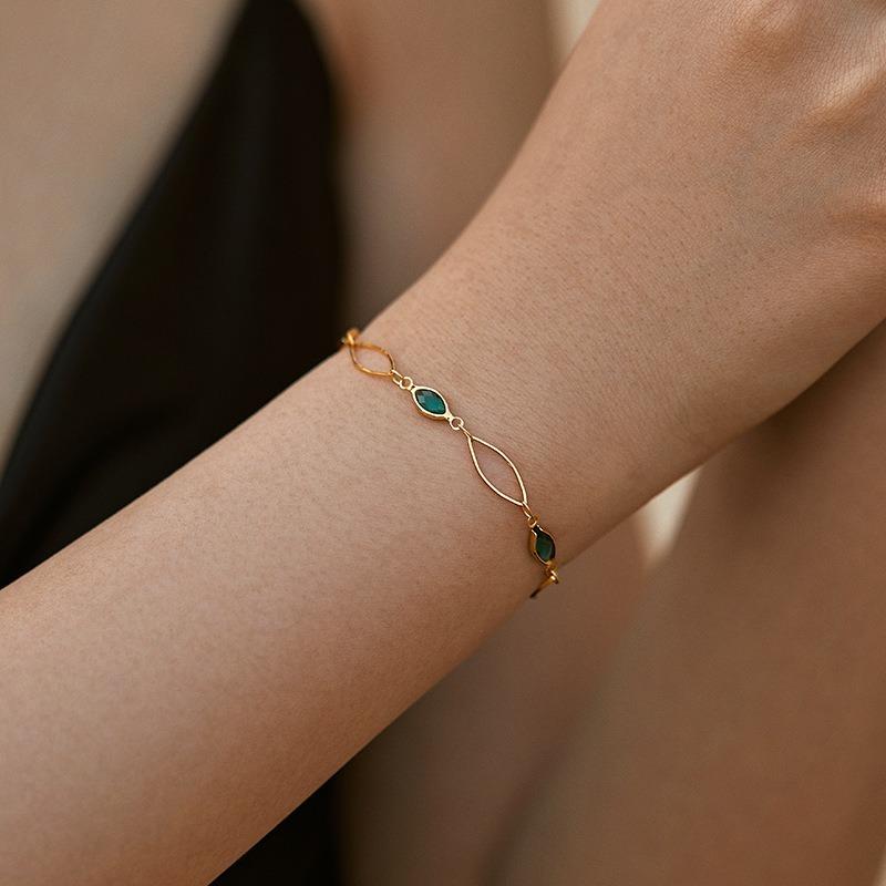 Women Gold Plated Green Glass Diamond Hollow Chain Handmade Bracelet