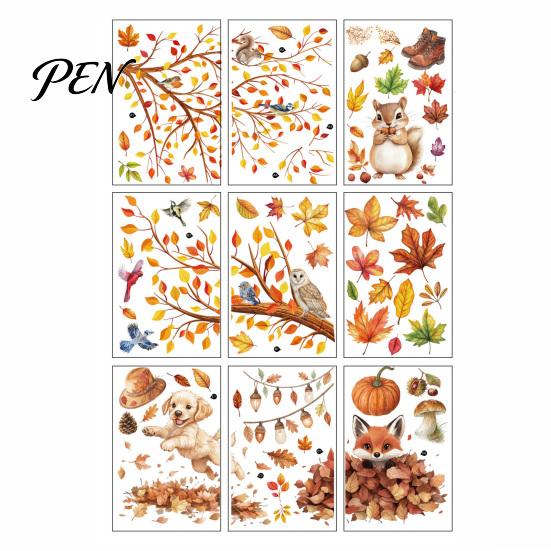 Decorative Autumn Elements for Doors 9PCS Thanksgiving Static Window Clings, Fall Leaves Birds Cute Animals Easy Clean Film Winter Glass Stickers,