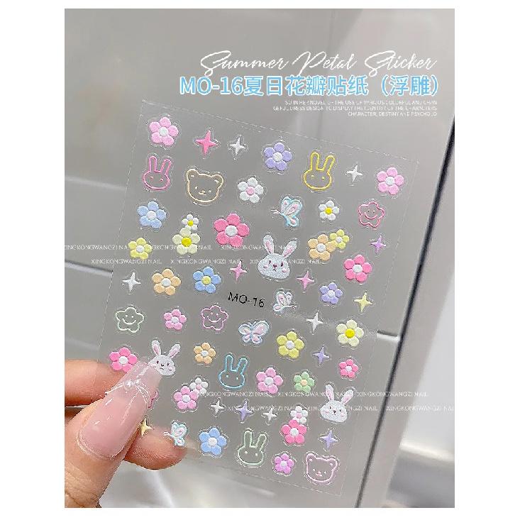 

5D Embossed Summer Flowers Nail Art Sticker Colorful Flowers/Rabbit/Line Nail Decals Self-adhesive Flowers Manicure Sliders ^YK2 1