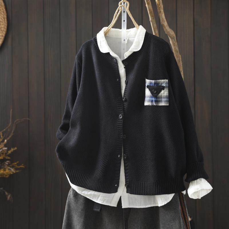 Women's Yellow Cotton Cardigan with Pockets - 2026 Spring Collection, Artistic & Lazy Style Knitwear