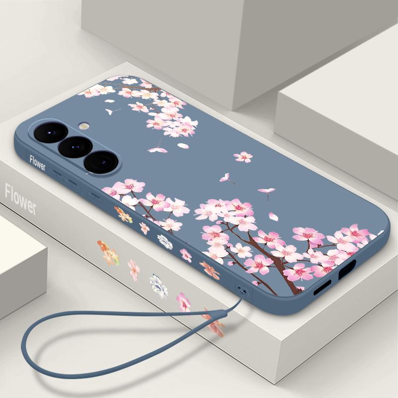 Peach Blossom Patterned Silicone Phone Case For Samsung Galaxy A17 A56 A36 A55 A16 A15 5G A35 A54 A26 A14 Soft TPU Lanyard Cover