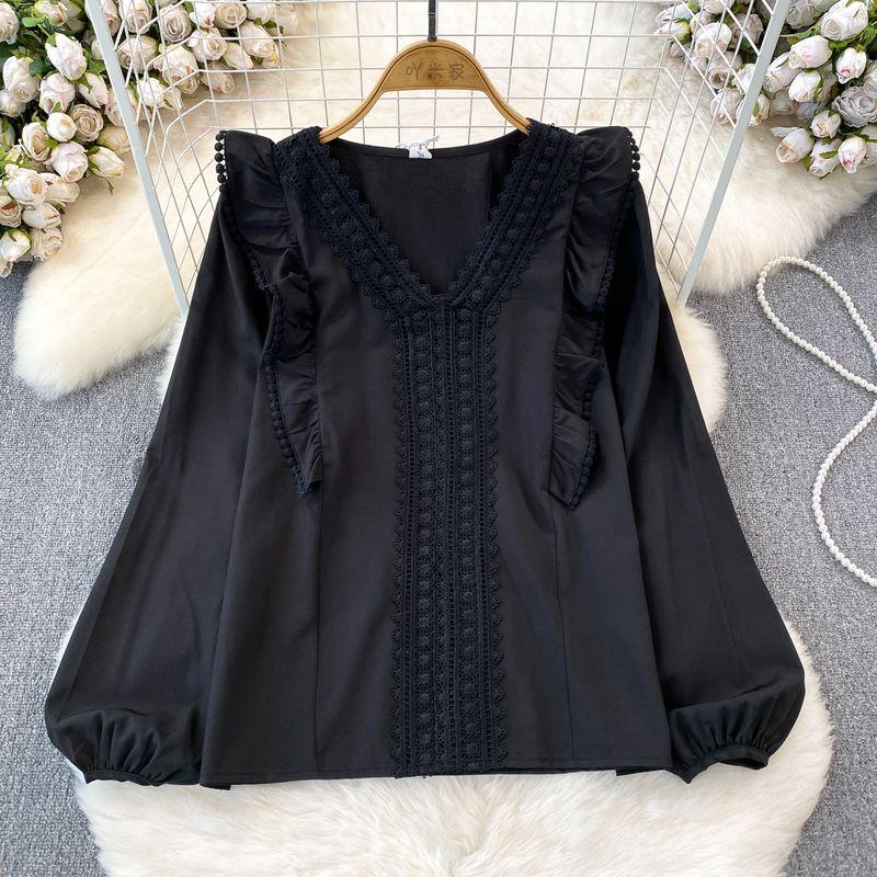 

2024 Spring & Fall Korean Style Ladies Temperament Long Sleeve V-neck Flounce Loose Slim Looking Pure Color Shirt Women s Casual Coat Black One size