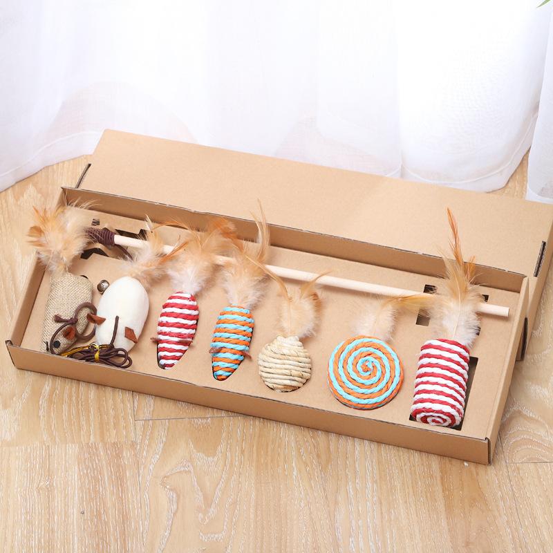 

7pcs Interactive Cat Toys Set Feather Bell Teaser Wand & Plush Mouse Toys with Gift Box for Indoor Kittens Boredom Relief Set - Carton Pack