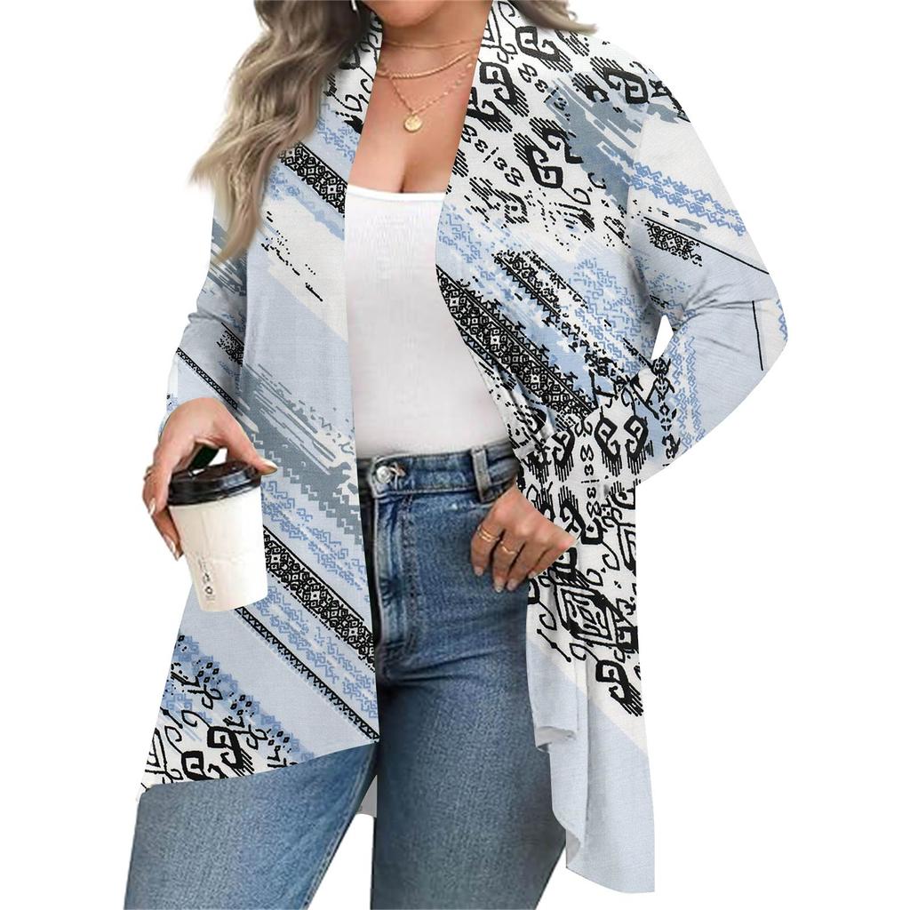 Damen Herbst- und Wintermode Lässiger Print Langarm Mittellange Strickjacke Jacke