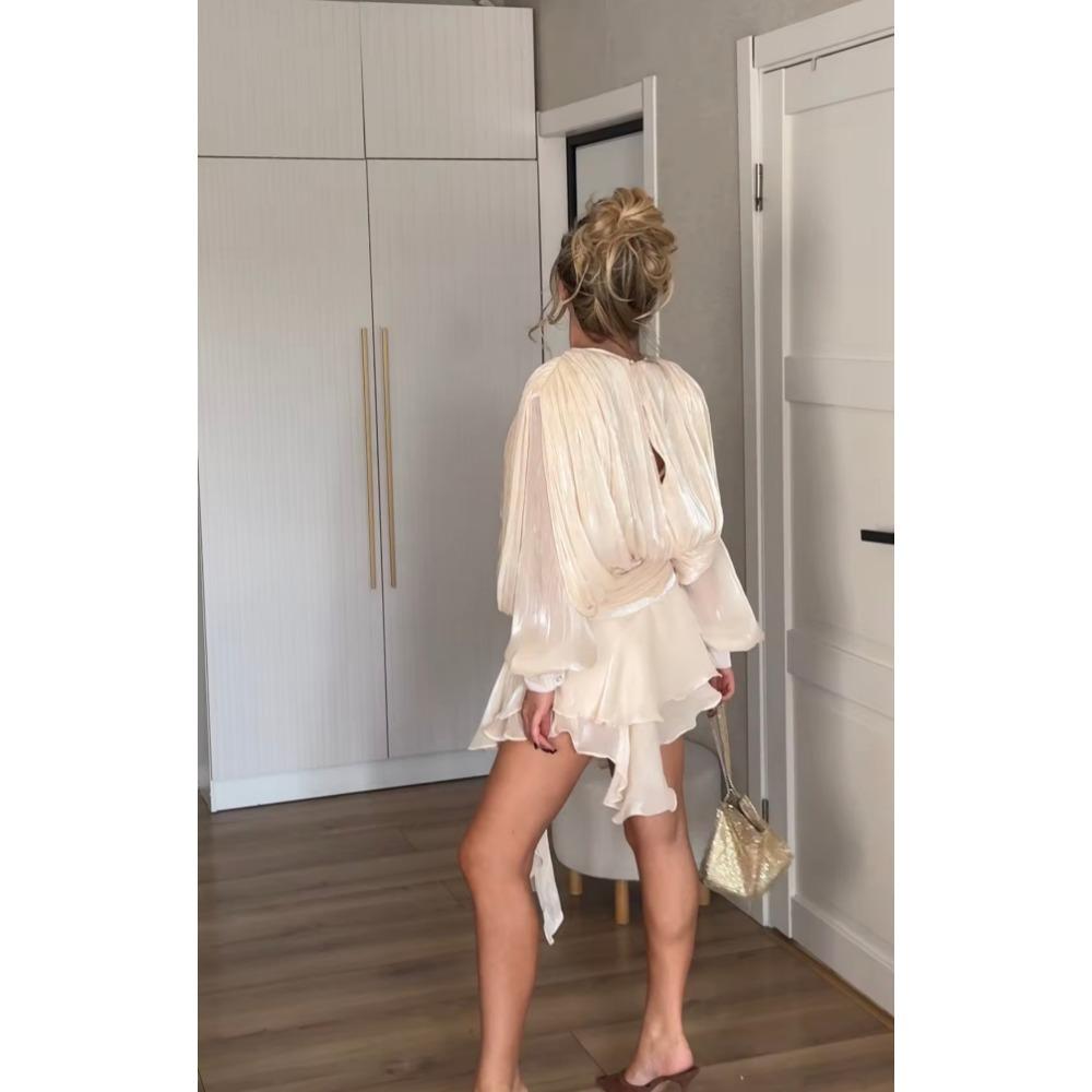 Solide Patchwork Schnürkleider für Damen O-Ausschnitt Langarm Hohe Taille Gespleißte Falten Temperament Kleid Damenmode