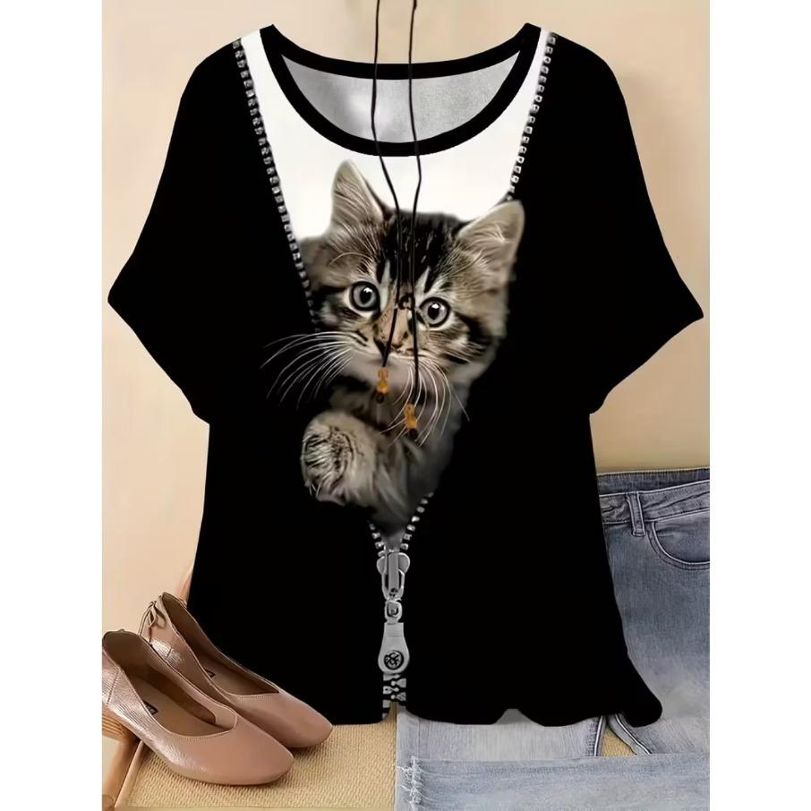 

Женская футболка размера плюс XL-7XL с повседневным 3D-принтом кошки, свободная, с V-образным вырезом и короткими рукавами XL чёрный