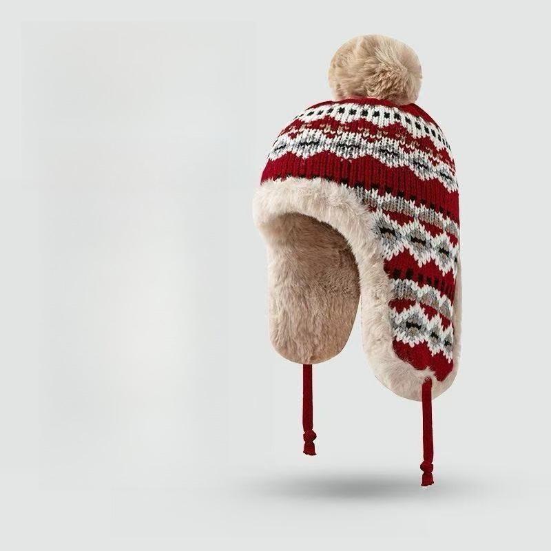 

Зимняя жаккардовая женская винтажная этническая утолщенная теплосберегающая защита от холода шапка с закрывающими уши шапка-ушанка вязаная шапка красный