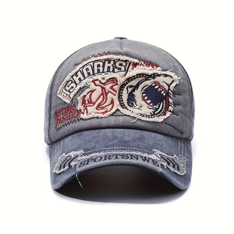 Frühling Herbst Unisex Baseballkappe, Retro Gewaschen Abgenutzt Haifisch Stickerei Weiche Krone Verstellbare Mütze