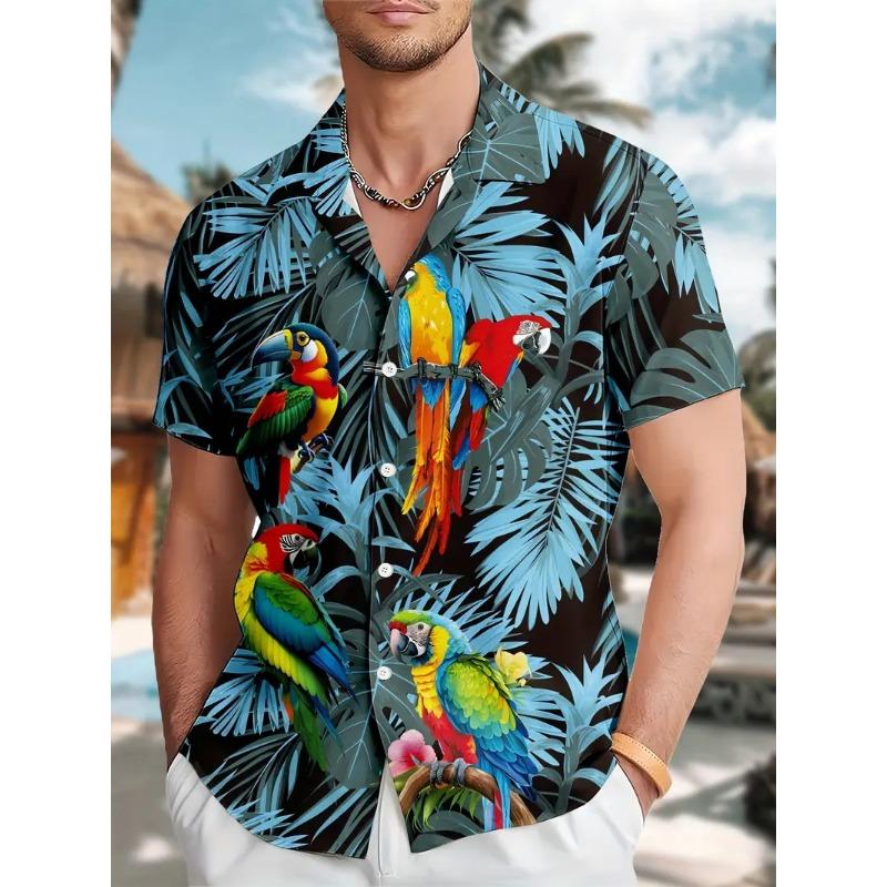 Herren lebendiger Papagei tropischer Blumendruck Hawaiihemden lässig kurzärmelig Knopfleiste Strandhemd für Herren Sommer