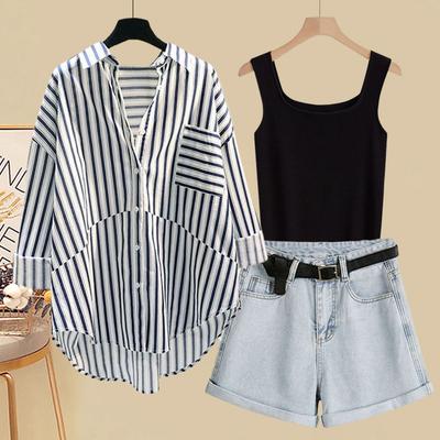 Spring and Summer Suit Women's Korean Version Sunscreen Shirt Vest Slimming Versatile Denim Shorts Three-piece Set
