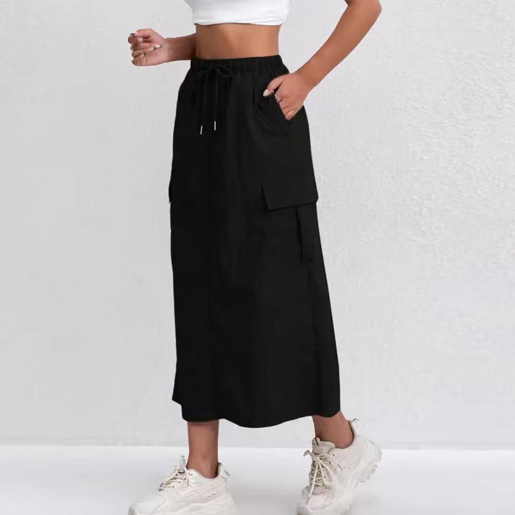 Women's Fashionable Solid Color Drawstring Elastic High Waisted A-line Pocket Back Slit Skirt