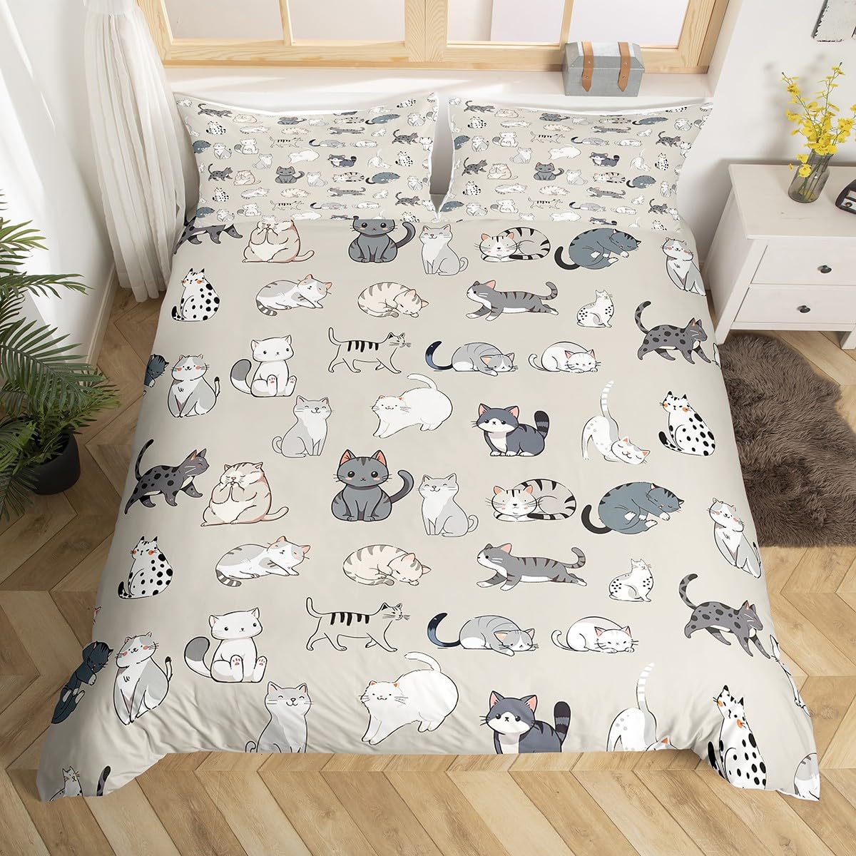 

Carton Cat Patern Soft Duvet Cover Quen King-Sized Dimensionsd Dimensions Soft Beding Set for Young Girls Todlers Tens 3 Piece Set featuring 2 100*200cm Single