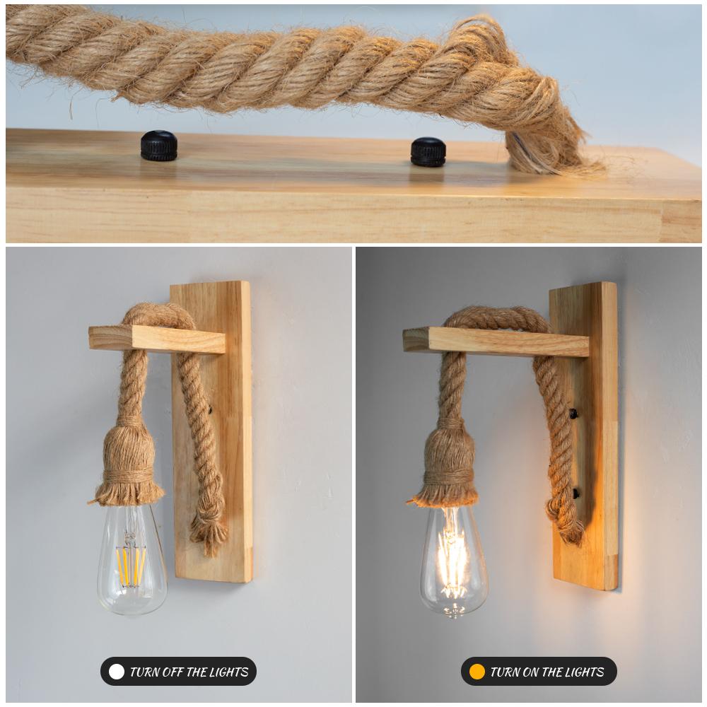 Vintage Hemp Rope Wood Wall Lamp AC110V 220V Retro Bedside Sconce Wall Light Bedroom Hallway Room For Home Decor Indoor