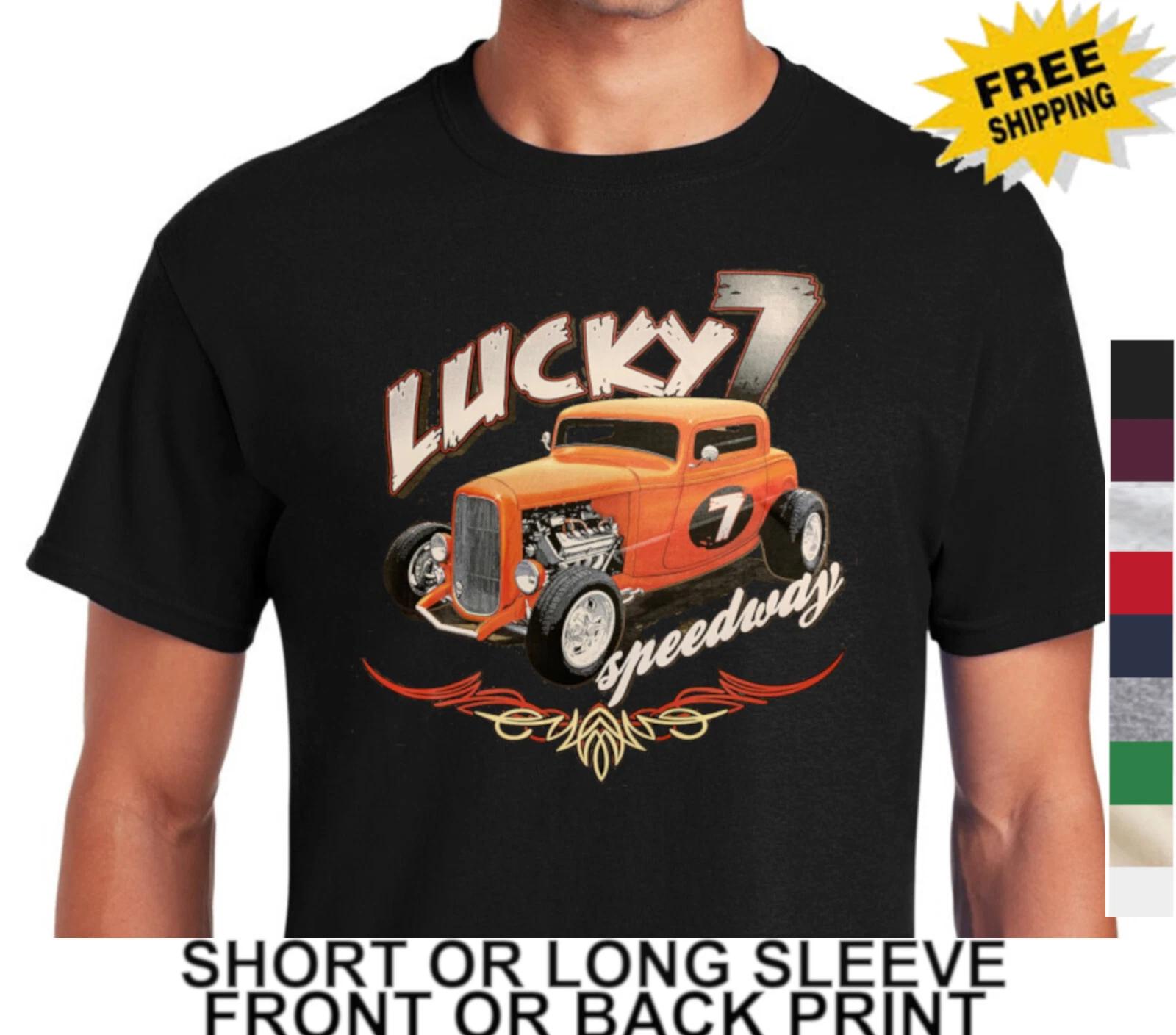 Lucky 7 Speedway Classic Hot Rod Roadster Coupe Muscle Race Car Men s T-Shirt L