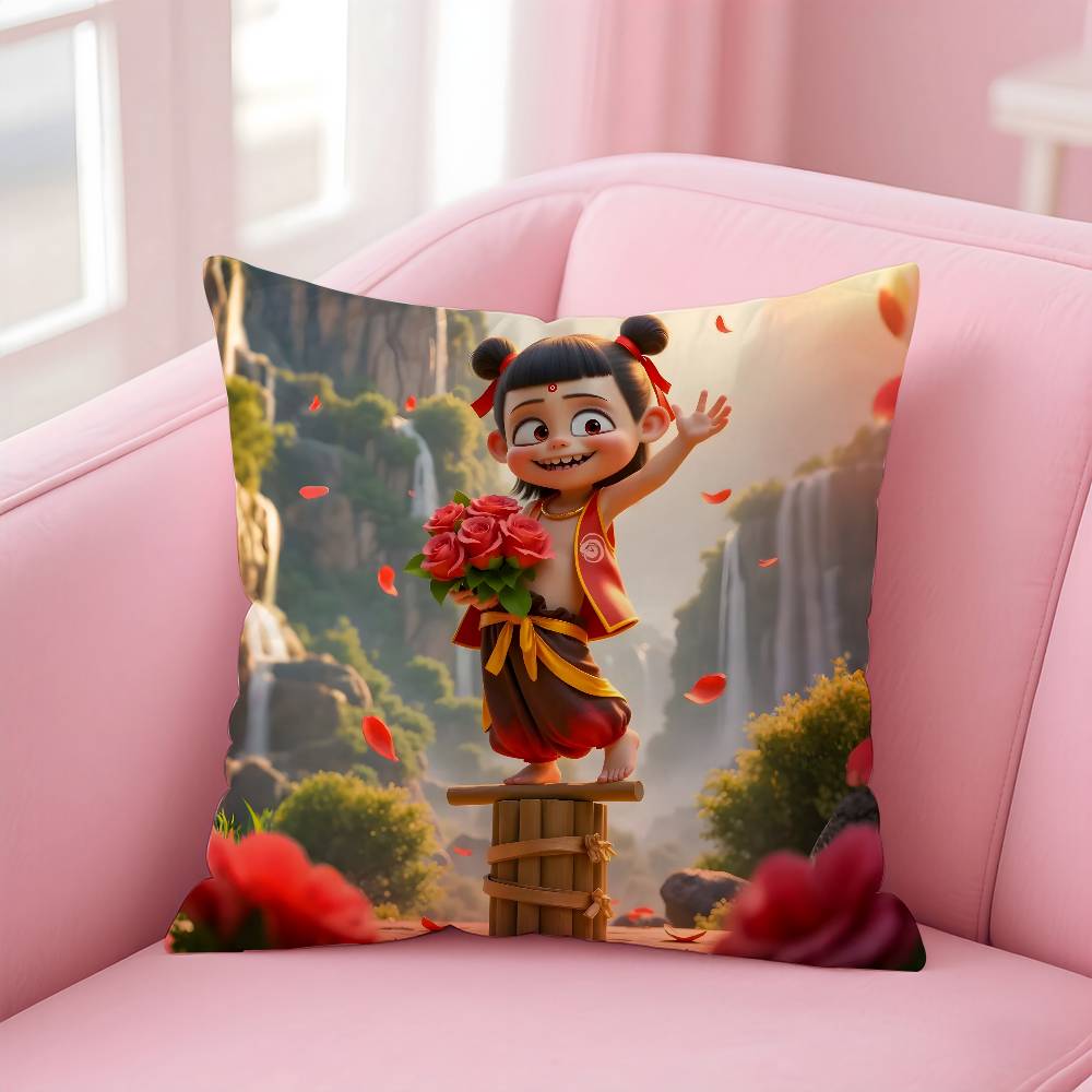 Chinese Anim Nezha Pillow Case Printed Pillowcase for Living Room Sofa Cushion Cover & Bedroom Decor