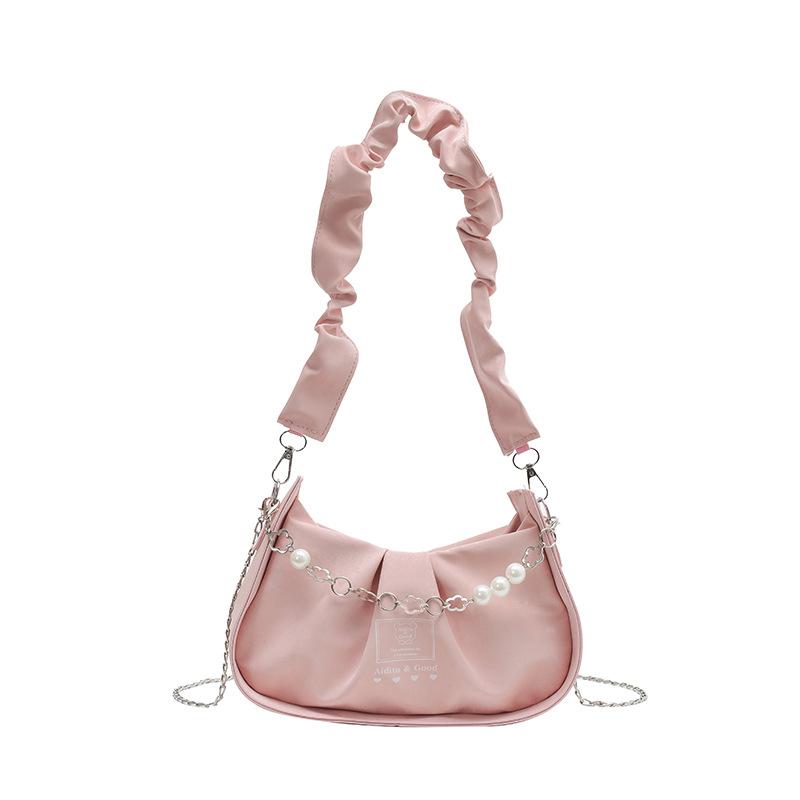 

Folded women s bag fashion beaded shoulder handbag French niche design high-end underarm bag рожевий