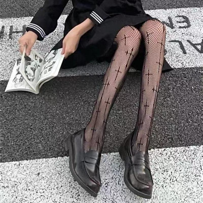 New Goth Lolita Girls Tights Women Sexy Retro Gothic Kawaii Cross Print Club Stockings Nylon Socks Fishnet Pantyhose