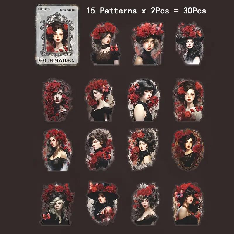 30-Piece Vintage Gothic Girl Sticker Set - Retro DIY Collages, Scrapbooks, Planners & Journals -Diverse Character Artistic Decor
