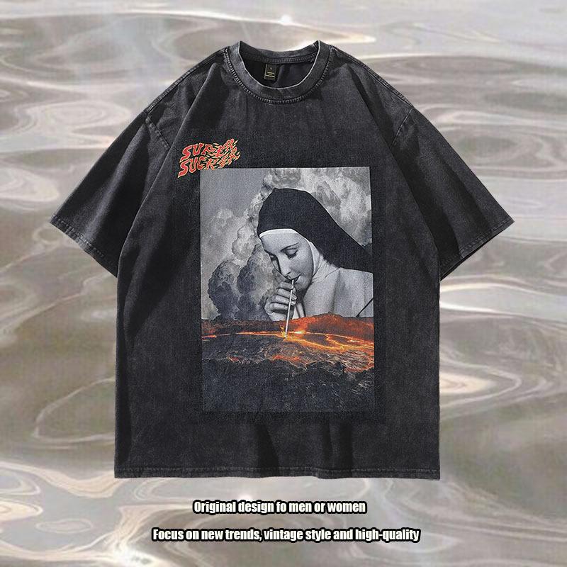 American High Street Retro Heavy Cotton Direct Injection Printing Small Neckline Short-Sleeved T-Shirt Street Trendy Brand Half-Sleeved Tee