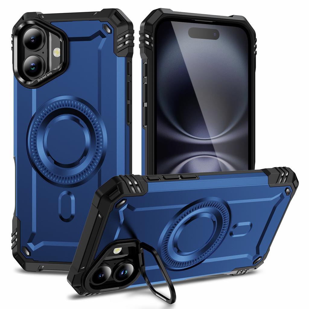 For iPhone 16 Case Compatible with MagSafe Metal Lens Frame Kickstand PC+TPU Mobile Cover