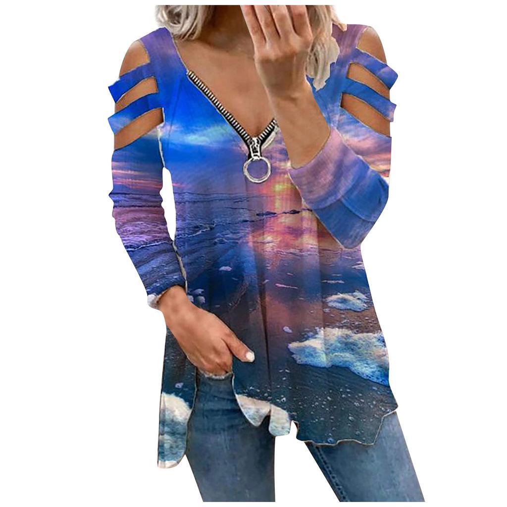 Women Casual Fashion Printed Zipper Long-sleeved V-neck T-shirt Top Blouse