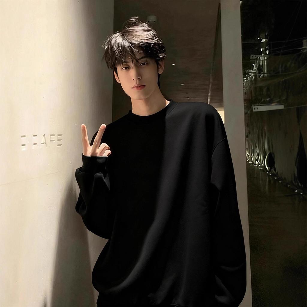 Men's Heavyweight White-Gray Fleece Hoodie: Autumn/Winter Loose Fit, Round Neck Long-Sleeve Pullover