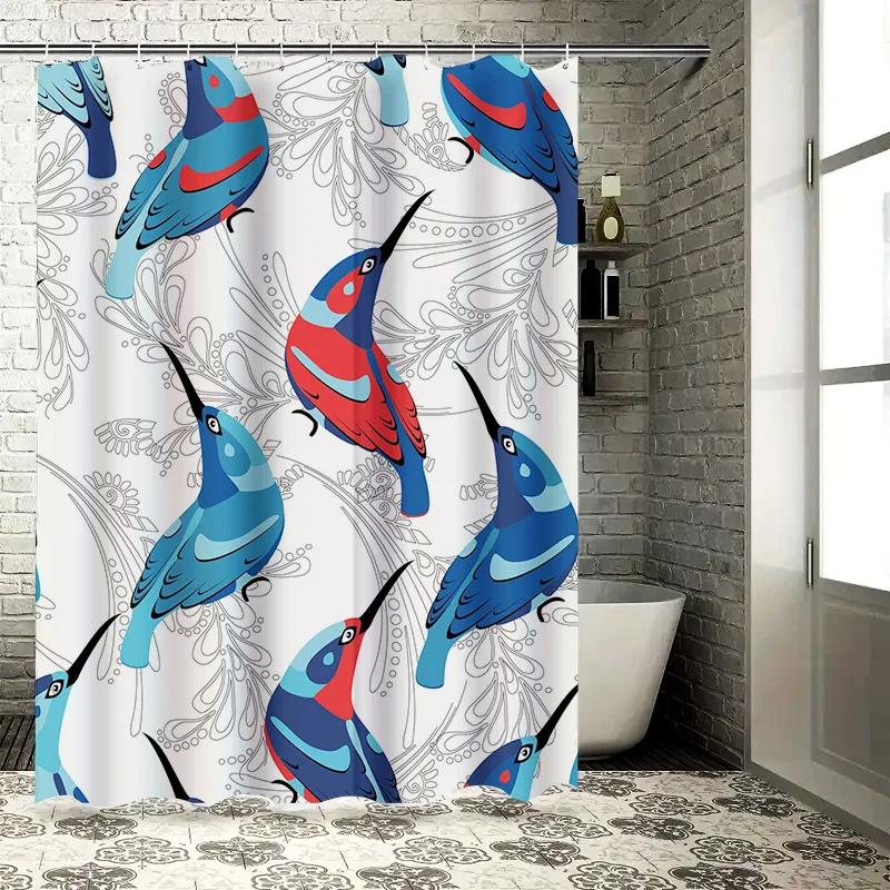 Charming Hummingbird Shower Curtain – Blue & Red Printed Design, Waterproof Bathroom Decor for Home Decoration