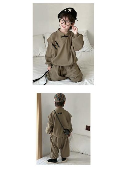 Boys' Retro Chinese Style Casual Set - Autumn 2025: Solid Color Long Sleeve Top & Pants with Frog Buttons
