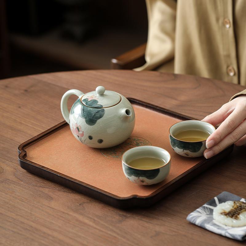 Hand-Painted Ge Kiln Travel Tea Set, High-End One Pot, Two Cups, Small Set, Portable Outdoor Kung Fu Teapot, Drinking Tea Cup