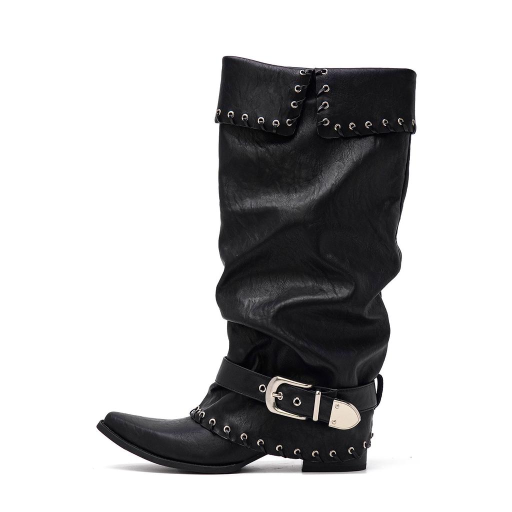 Pointed Mid-Tube Pile Boots Women'S Black Thick-Soled Knight Boots Pant Pants Boots Long Boots Women