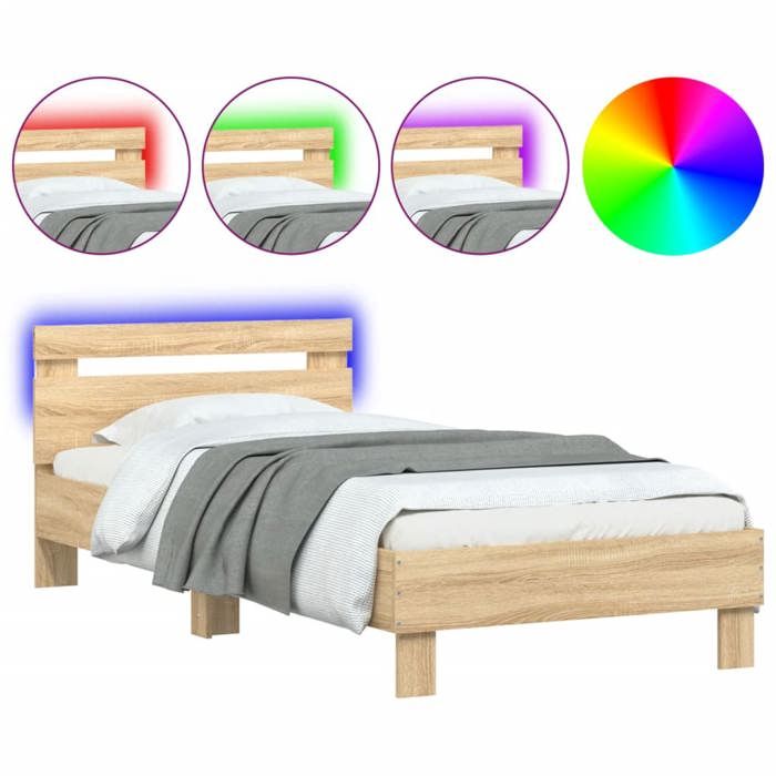 VidaXL Bed Frames Headboard and LED Lights, Single Bed with Slatted Base, Adult Bed, Bedroom Furniture, Modern, 838717