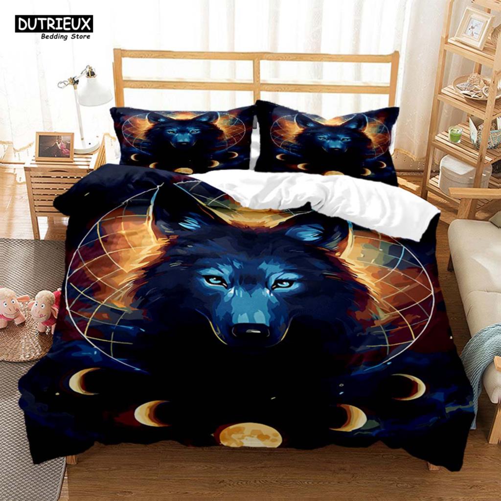Forest Animal Wolf Printed Polyester Bedding Set Soft And Comfortable Comforter Bedding Sets Complete Size Customizable