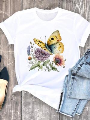 (Asian Size) Clothing Watercolor Butterfly Trend Casual O-neck Tee Top Women Short Sleeve T Shirt Fashion Print Lady Female Graphic T-shirts