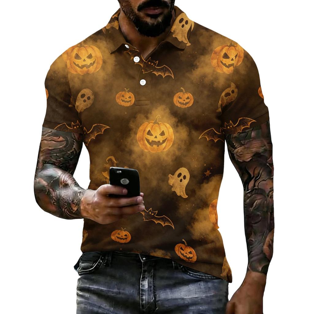 Men's Halloween Print Short Sleeve Polo Shirt Loose Fit Casual Summer Daily Top Button Down Collar