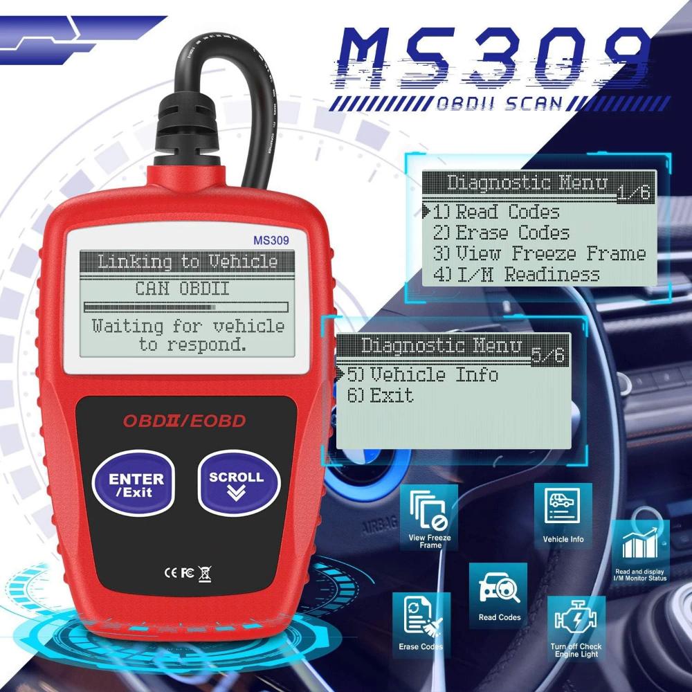 MS309 Čtečka kódů závad automobilu Přesný diagnostický nástroj motoru skener kontroluje kontrolku motoru a stav monitorování emisí