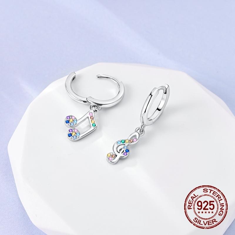 925 Sterling Silver Music Note & Treble Clef Drop Earrings Rainbow Multicolor CZ Huggie Hoop Earrings Jewelry Gift for Women
