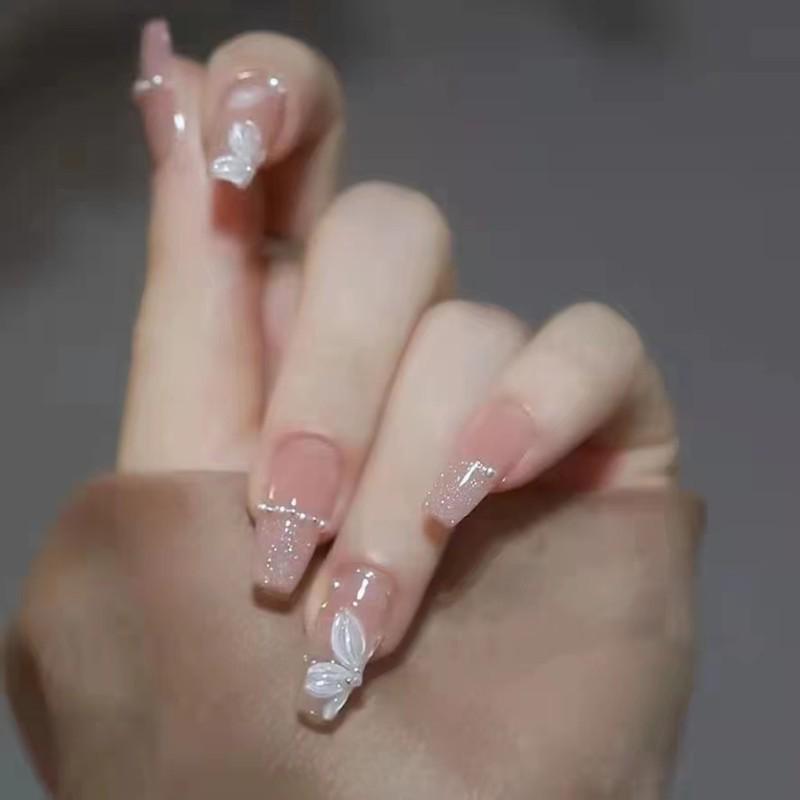 

Hand-Painted Floral Gel Press-On Nail Tips Gentle Ice Flower Nails S - New Ballet