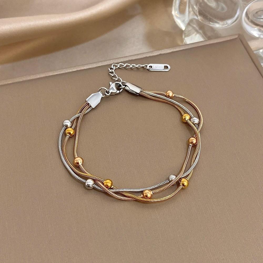 Gold Silver Color Wrap Beaded Bracelets Stainless Steel Wrist Chain Stylish Party Jewelry  Women