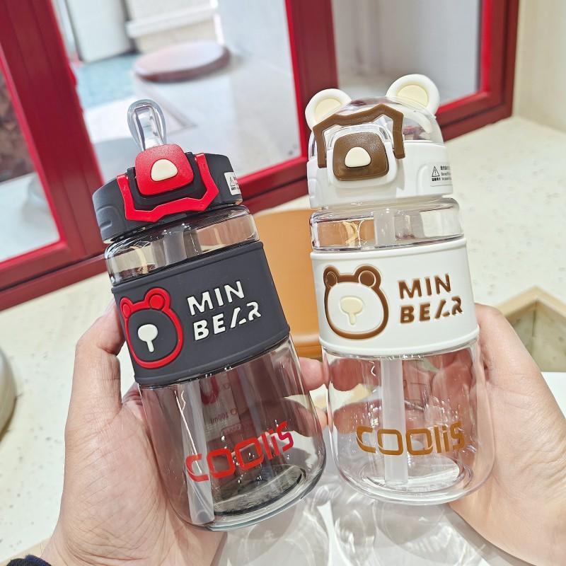 Garrafa de Água Fofa de Urso para Crianças com Canudo 500ml Copo de Plástico Portátil Estudantes Material de PC Livre de BPA Tampa Flip à Prova de Vazamentos