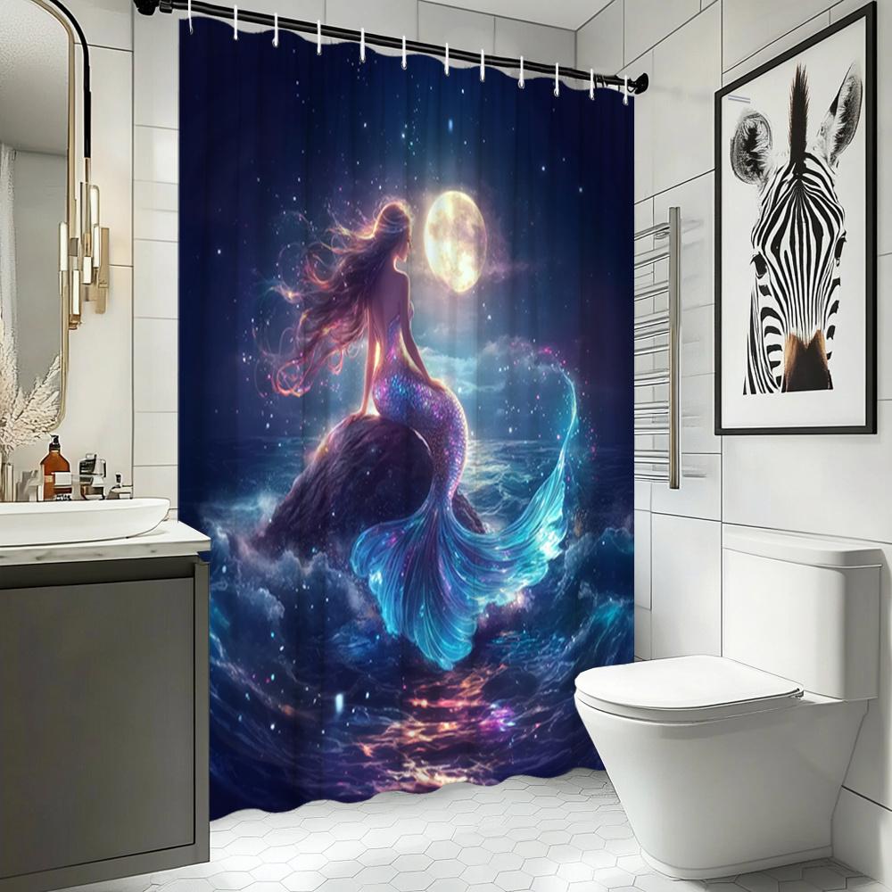 Enchanting Mermaid Moonlight Print Waterproof Shower Curtain For Bathroom,Magical Ocean Design High-End Toilet Partition Curtain