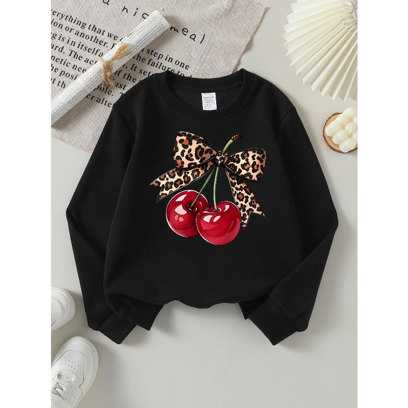 Girls' Sweatshirt, Girls' Clothes, Girls' Round Neck Fashion Sweatshirt, Leopard Print Bow Cherry, Girls' Autumn And Winter Trendy Print Sweatshirt